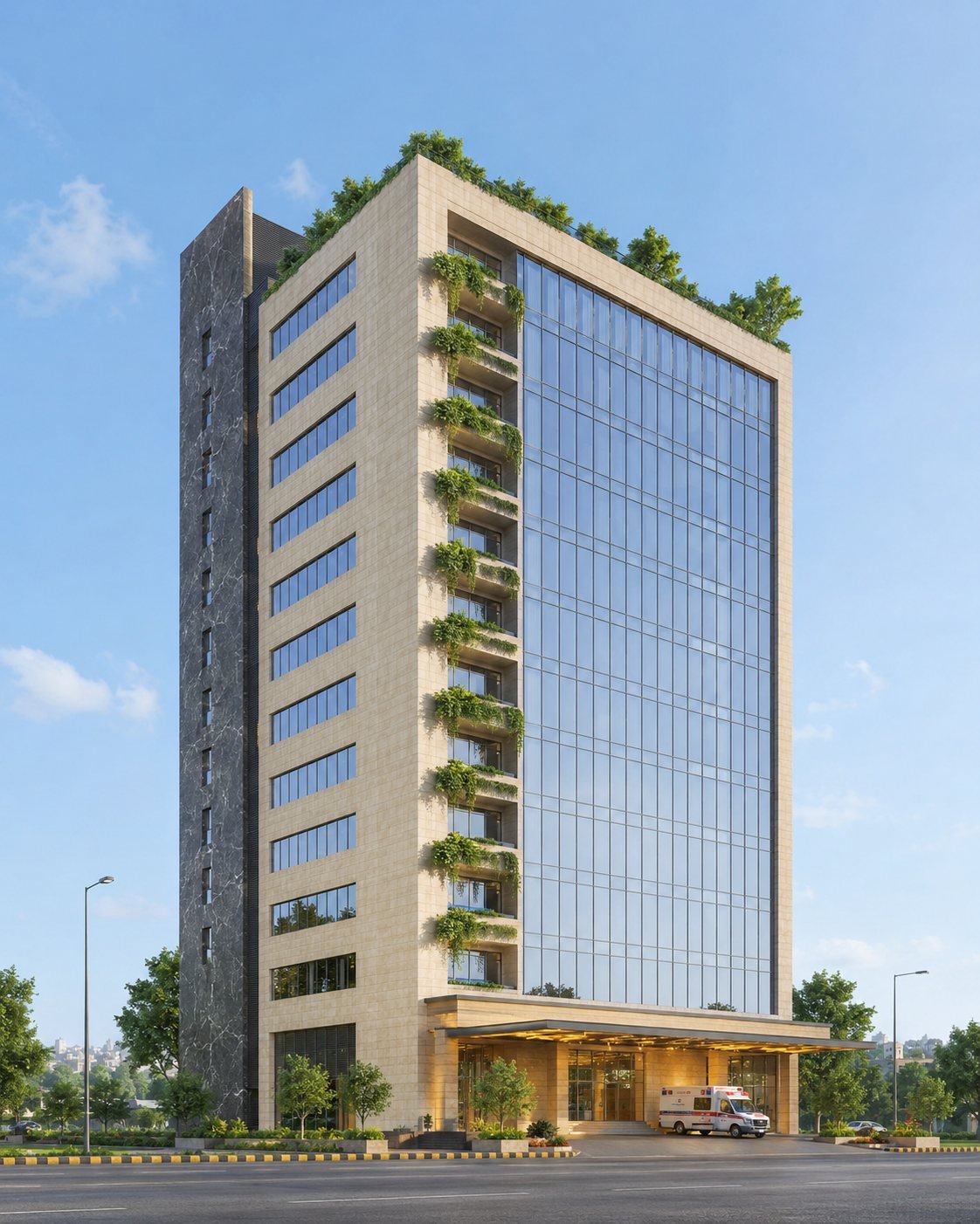 Concept render: full elevation of the Sunshine Healthcare tower, glass curtain wall, stone body and marble spine