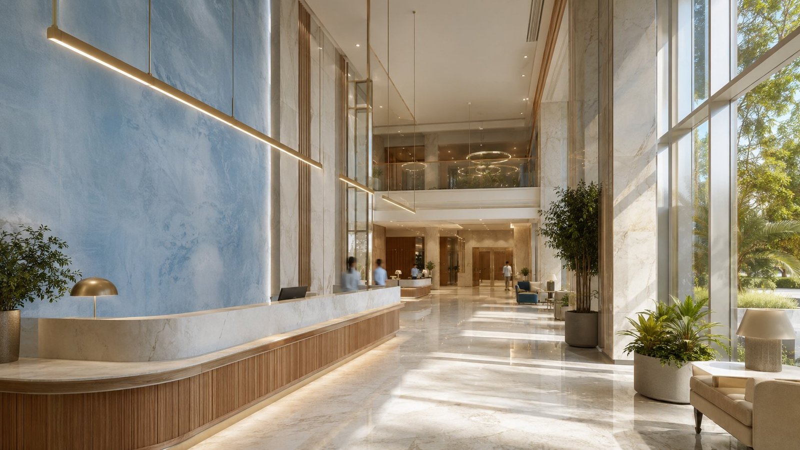 Concept render: double-height reception lobby in marble with gold lighting